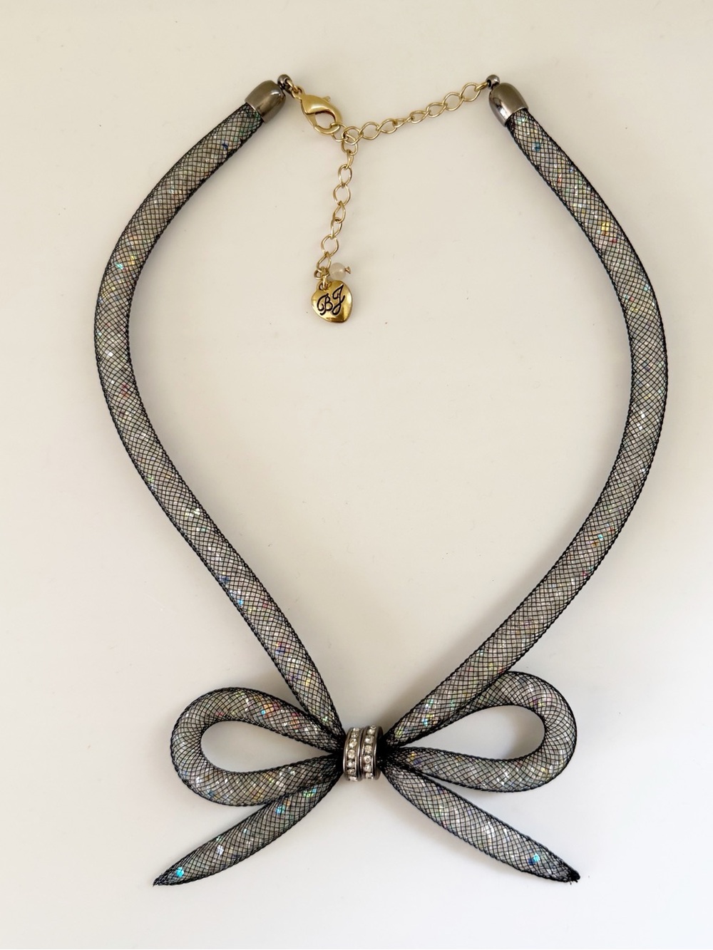 Betsey Johnson Sparkle Mesh Black Bow Sparkle Crystals Beads Coquette Necklace